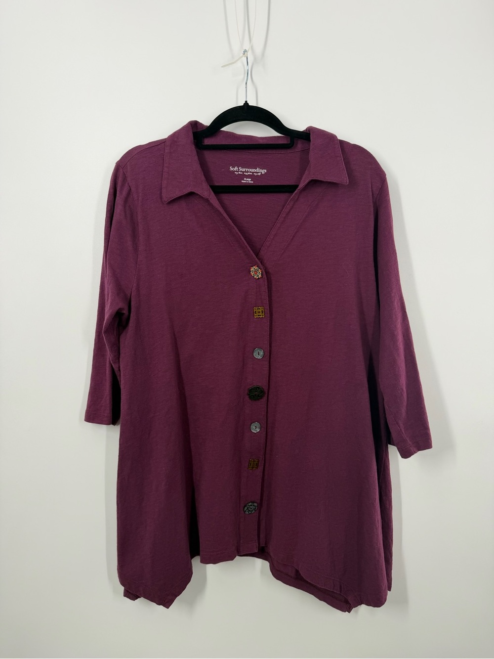 Soft Surroundings Danielle Button 3/4 Sleeve Tunic Dark Purple